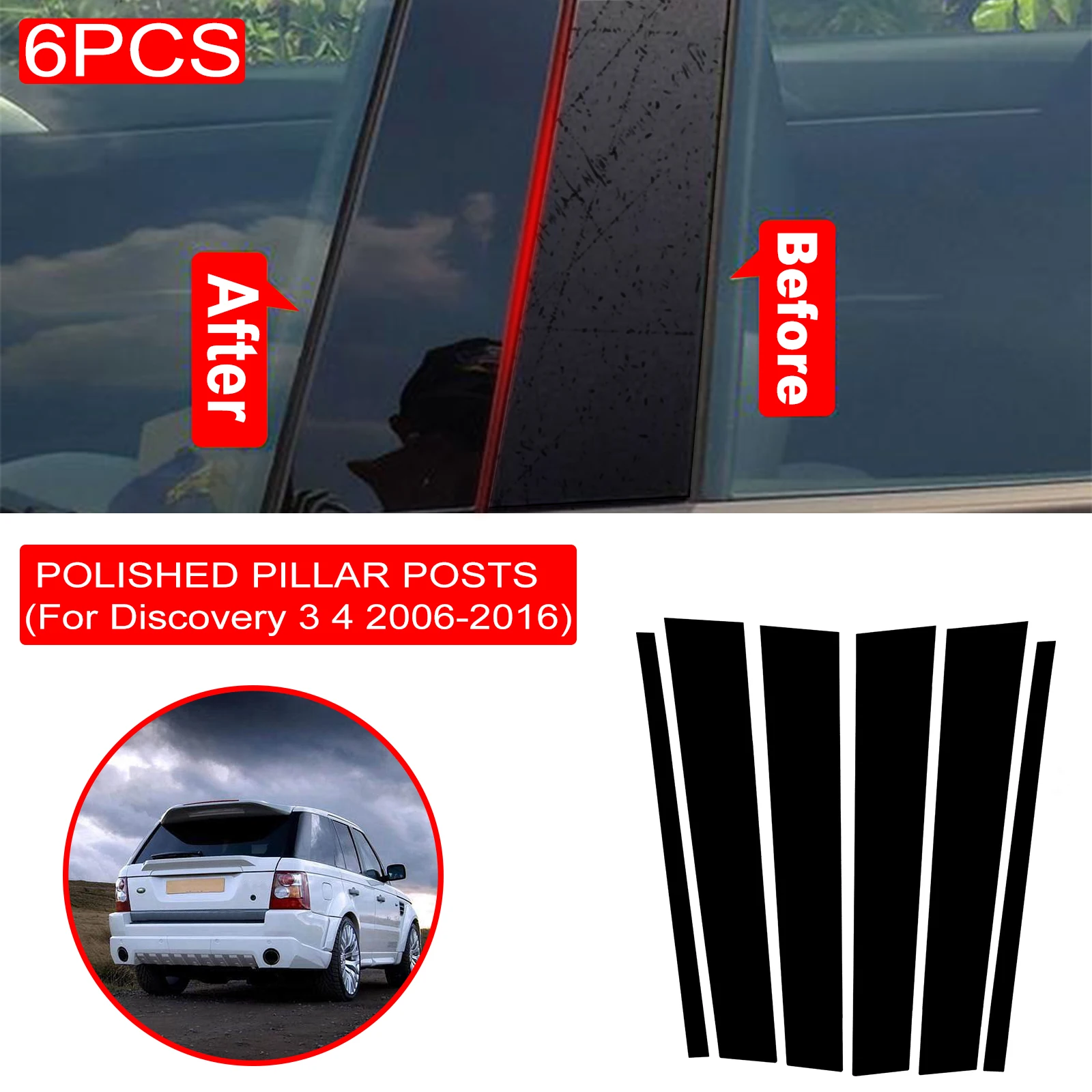 

6PCS Gloss Black Polished Pillar Posts For Land Rover Discovery 3 4 2006-2016 Window Trim Cover BC Column Sticker Car Accessory