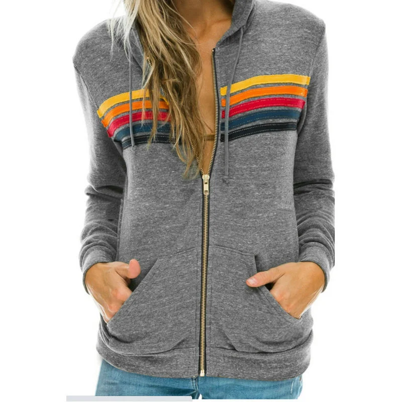 2024 AVIATOR NATION Women\'s 5 Stripe Rainbow Long Sleeve Zip-up Stitch Pullover Breathable Hoodies Sweatshirt