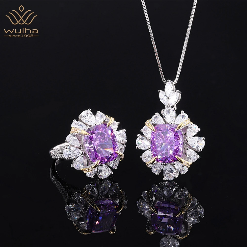 

WUIHA Luxury 925 Sterling Silver 10*12MM Sapphire Faceted Gemstone Ring/Pendant/Necklace Anniversary Fine Jewelry Set Wholesale