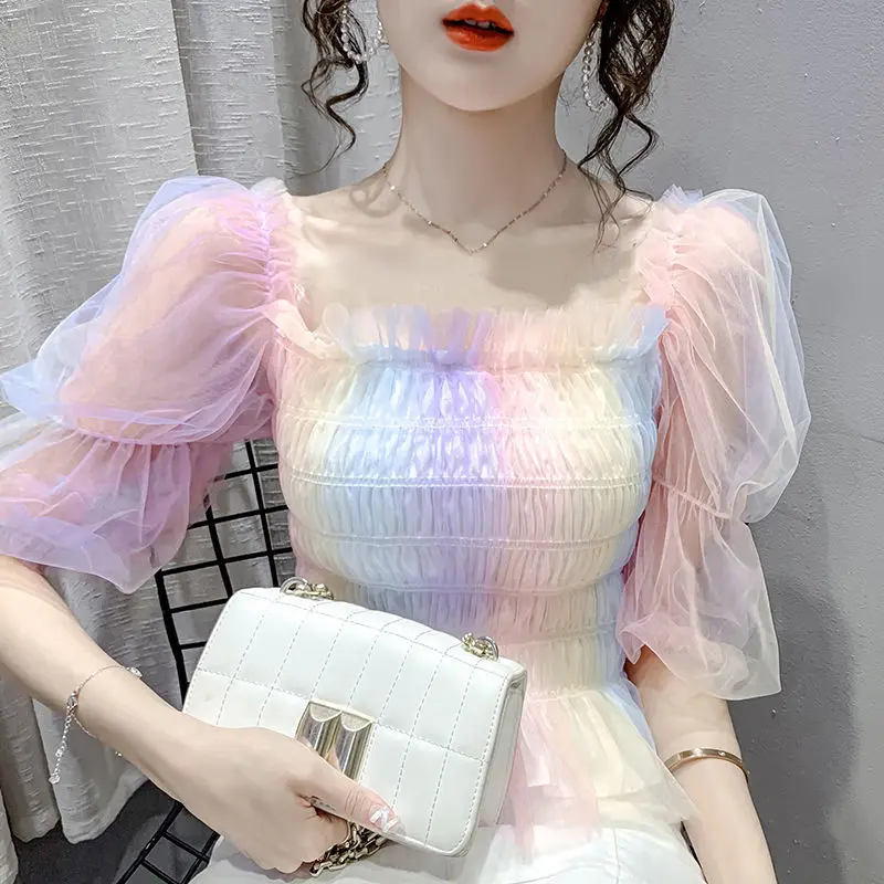 

Sweet Slash Neck Folds Ruffles Puff Sleeve Shirring Chiffon Blouse 2022 Summer New Commute Tops Elegant Women's Clothing Shirt