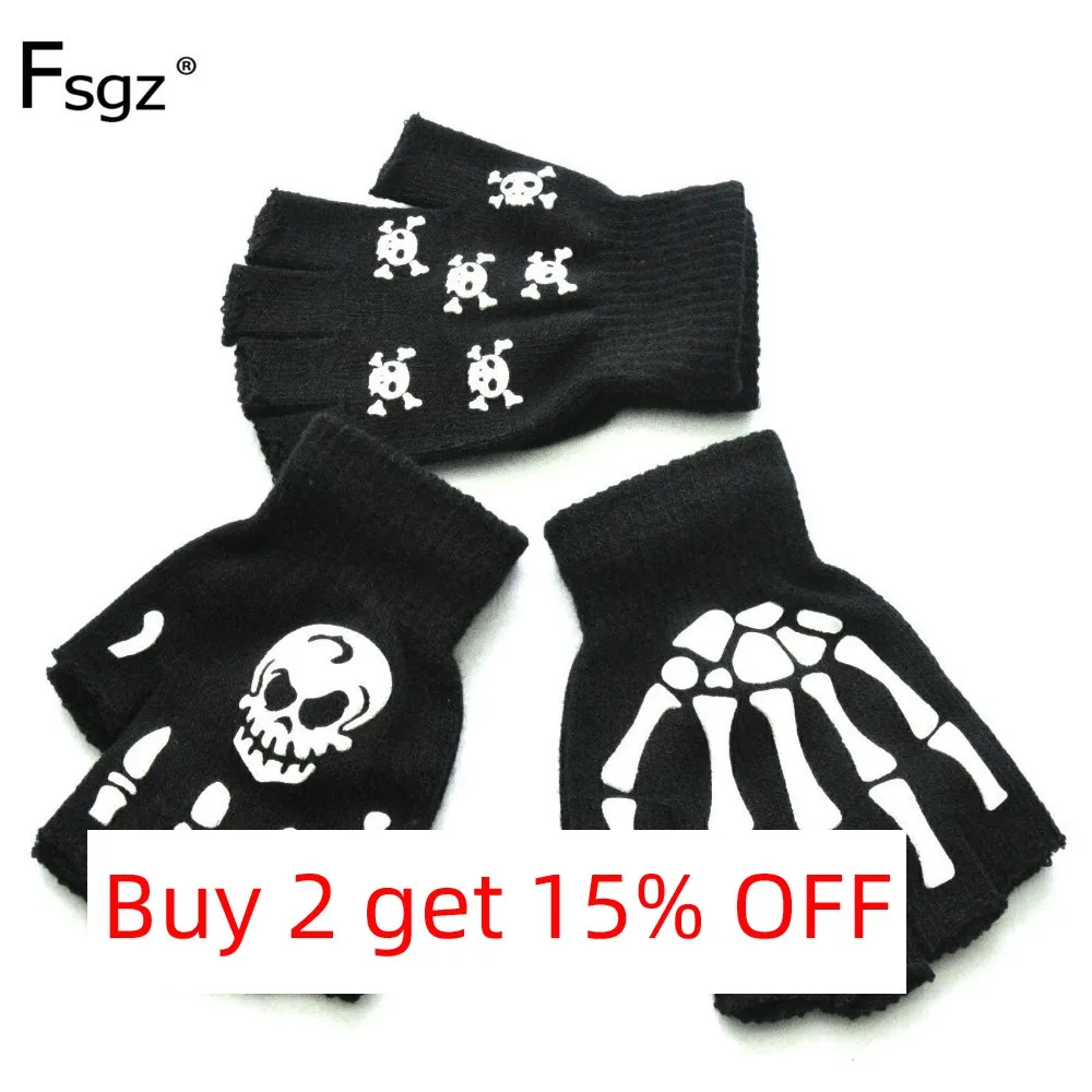 Warm Knitting Fingerless Gloves for Adult Half Finger Glove Human Skeleton Head Gripper Print Cycling Non-slip Wrist Gloves cycling gloves fingerless gloves half finger gloves fingerless gym gloves