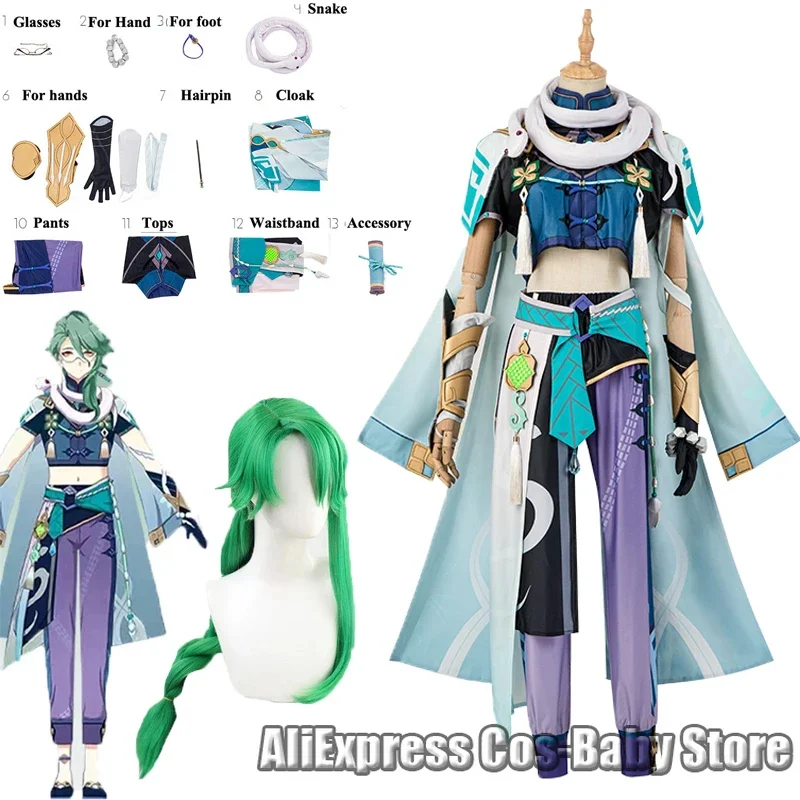 

Genshin Impact Cosplay Baishu Cosplay Costumes Baishu Wigs Removable Bun Baishu Green Long Straight Braided Ponytail Hairs Shoes