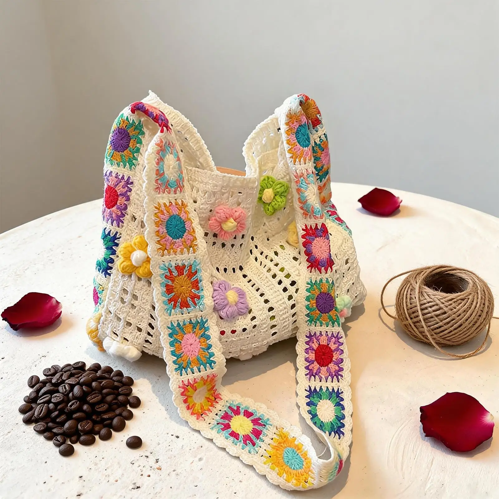 Boho Häkeltasche mit Blumenmuster, gestrickte Handtaschen, große Kapazität, Sommer-Strandtasche, gewebte Schultertasche, Mädchen-Tragetasche, Einkaufstasche, Damenhandtasche