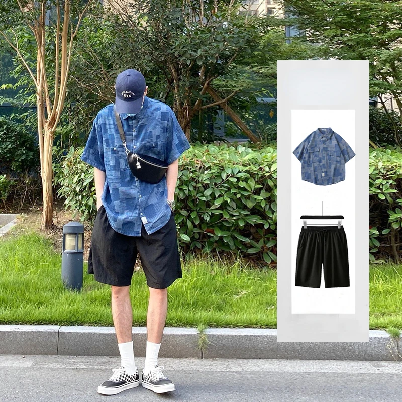

Men's Hawaiian Beach Set Single Breasted Short Sleeve Denim Shirt and Shorts Casual Summer Vacation Travel 2 Pce Sets Outfit W39