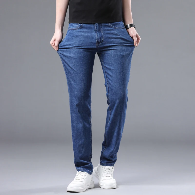 Wthinlee Summer Thin Men's Stretch Straight Jeans Classic Black Blue Business Casual Large Size Denim Pants Brand Trousers 5