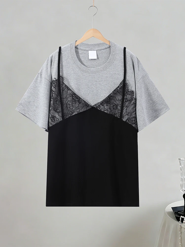Spitzen-Patchwork T-Shirt mit Fake-Zweiteiler-Effekt für Damen, Eleganter Rundhalsausschnitt, Kurzarm, Locker Geschnittenes Oberteil, Frühlings-Chic, Neue Club- und Partykleidung – Detail 6