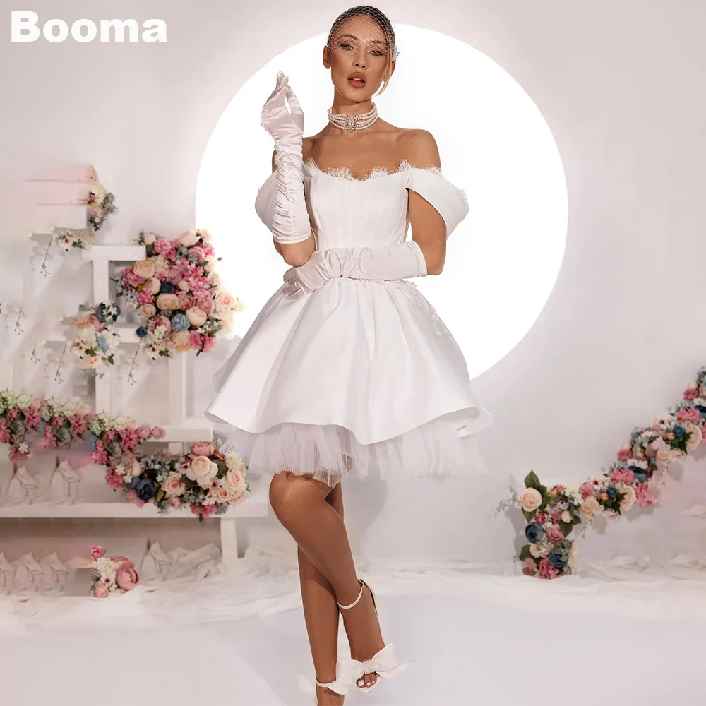 

Booma A-Line Short Wedding Dresses Off Shoulder Tiered Brides Party Dress for Women Stain Tulle Bridals Gowns Bespoke