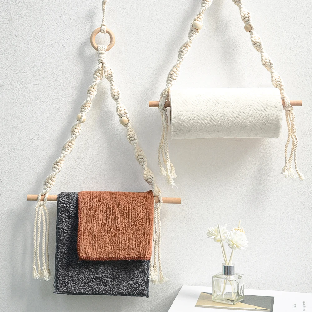 Paper Towel Holder Bohemian Hand-woven Wall-mounted Wooden Bead Roll Paper Rack Towel Rack Homestay Tissue Storage Wall Home Decoration