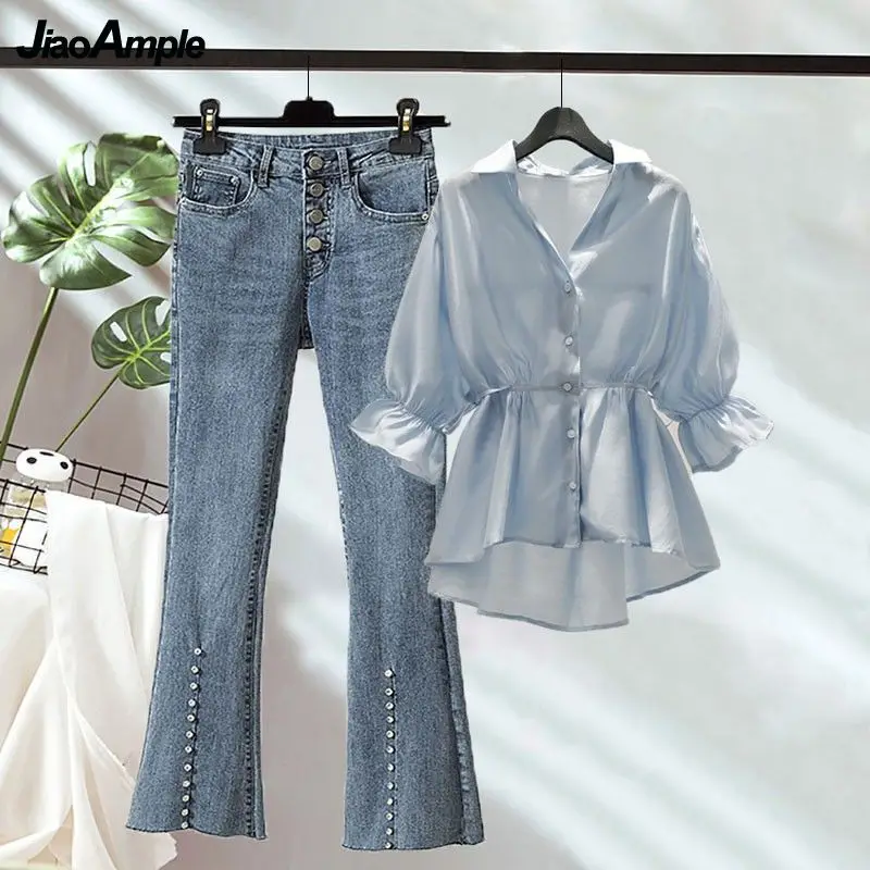 2023 Summer New Chiffon Shirt Jeans Two Piece Korean Women's Elegant Short Sleeve Cardigan High Waist Sexy Denim Trousers Suit toyouth women plush jeans 2023 winter high waist straight loose wide leg denim pant plaid embroidery casual white blue trousers