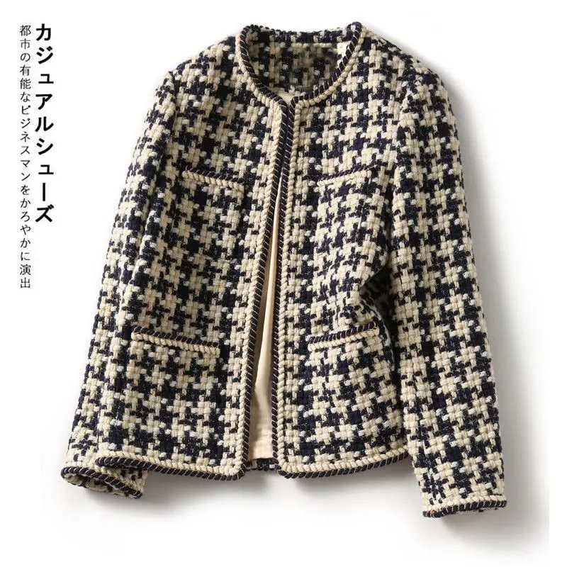 

Houndstooth Tweed Blended Vintage Women's Jacket Short Coat Korean Fashion Long Sleeve Winter Clothes Jackets For Women 2023