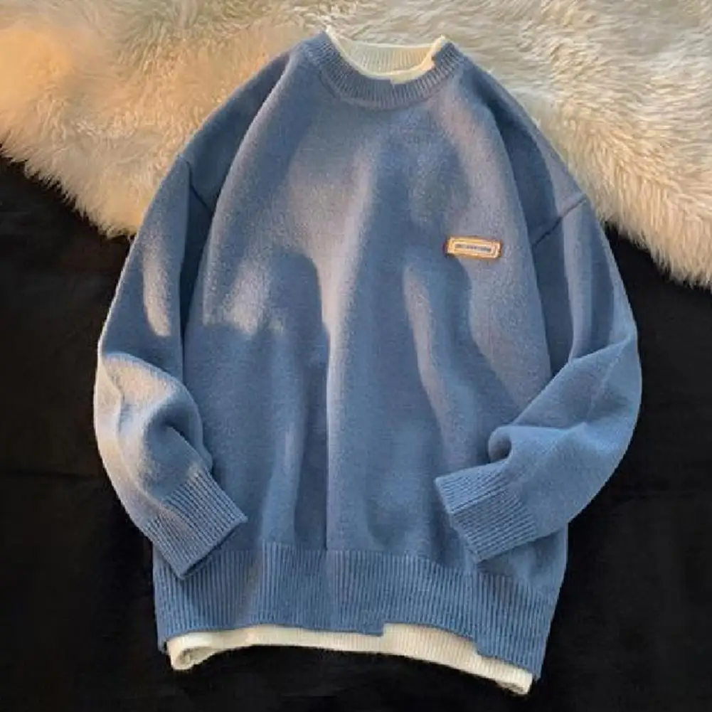 

Fake Two-piece Sweater Color-blocking Sweater Thick Knitted Men's Fall Winter Sweater with O Neck Long Sleeve for Anti-shrink