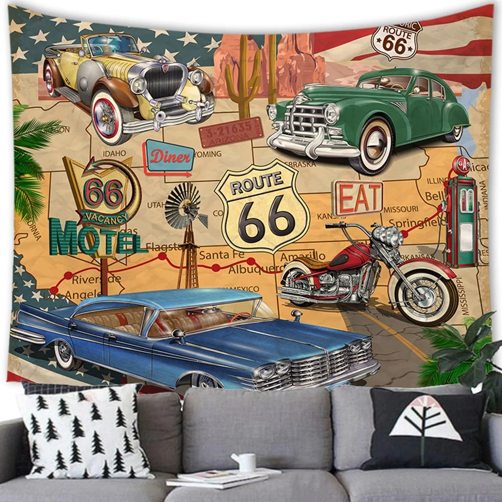 

Old Motorcycle Tapestry Cars Route 66 Map Road Journey American Concept Wall Hanging Print Tapestries Bedroom Living Room Decor
