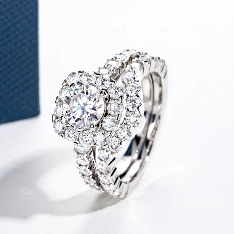 All Moissanite S925 Silver Wedding Ring Sets for Women Main Stone 1.0ct Round Cut D Color GRA Certificate