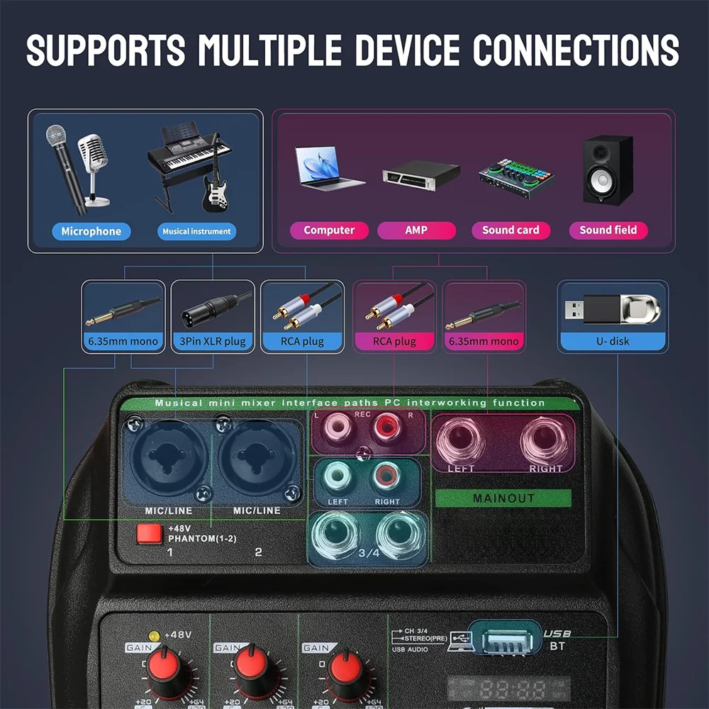 Portable 4 channel audio mixer Recording Sound Console Mixing card With BT 48V USB interface for DJ Karaoke PC MP3 microphone