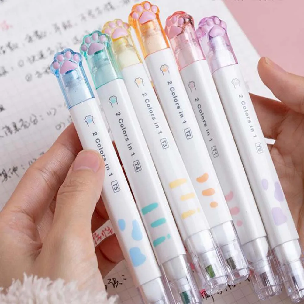 Highlighter Marker Creative Cat Claw 6 Double Head Highlighters Square Design Not Easy to Drop Student Stationery