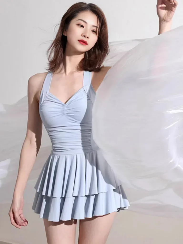 Swimsuit Women's One-piece Suspender Fashionable Backless Solid New Sweet Skirt Conservative Slim Hot Spring Swimsuit Wholesale