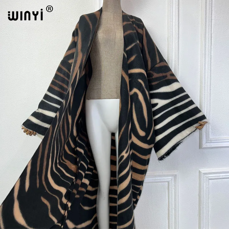 WINYI 2024 겨울 카디건 아프리카 여성, 기하학적 라인 프린트 맥시 재킷, 따뜻한 기모노 롱 다운 코트, 중동 패션 아바야