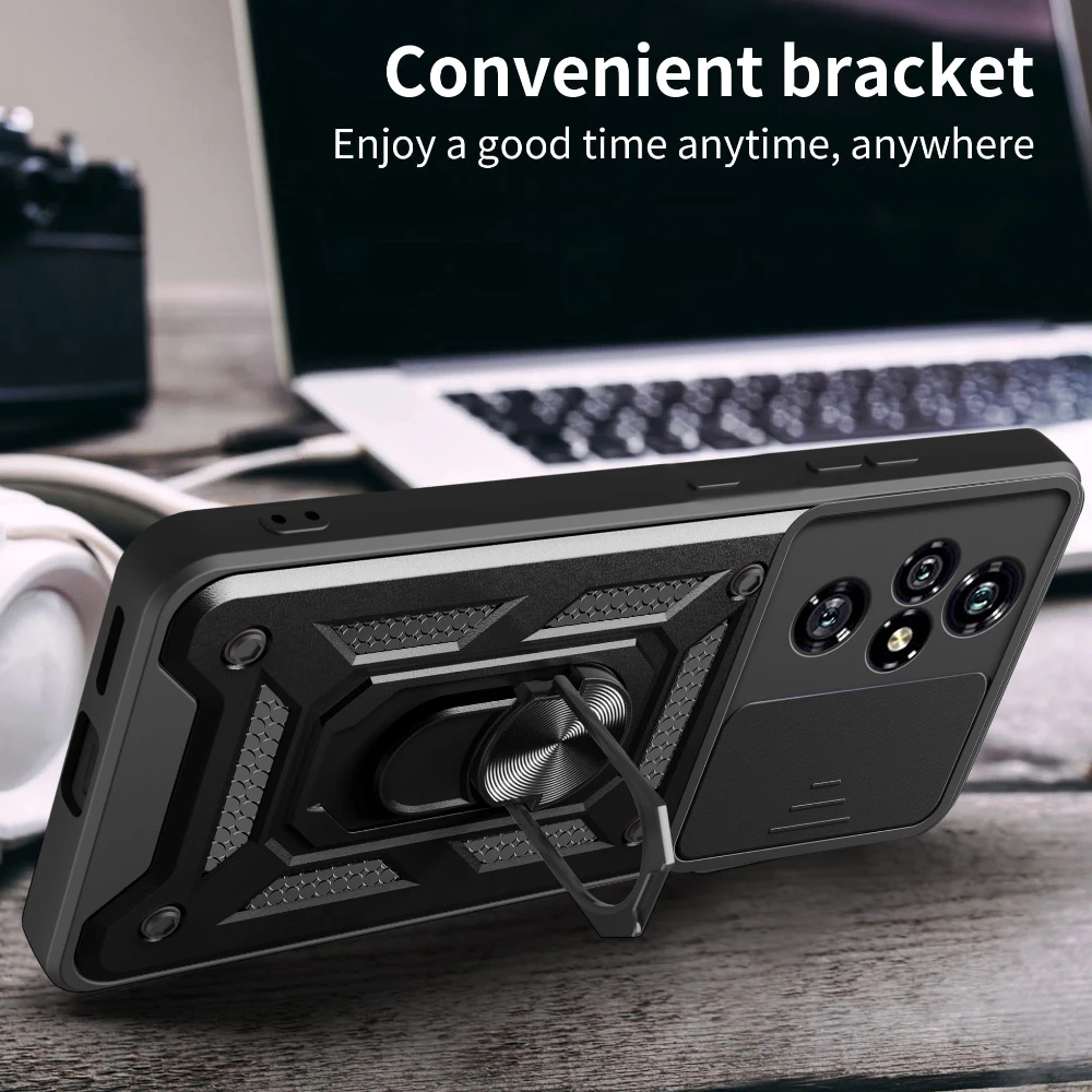 Durable Phone Case with Slide Lens Cover, Rotating Ring, and Shockproof Stand Holder