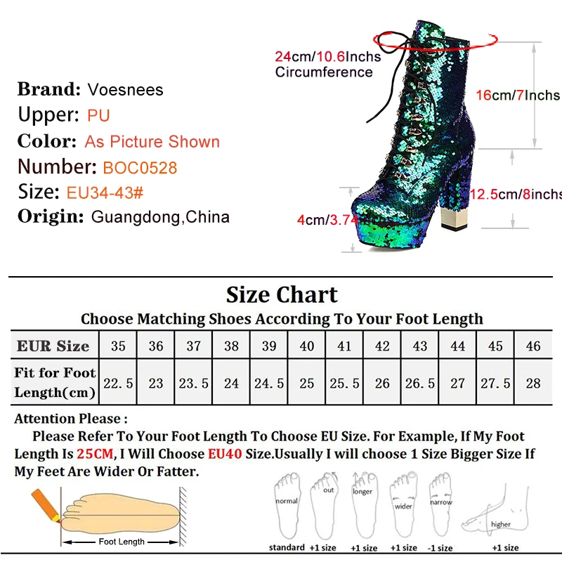 Golden Short Boots Women Platform Heels Glitter Bling Round Side Zip Block Heel Shoes Gold Silver Green Size 34-43 Botas Mujer