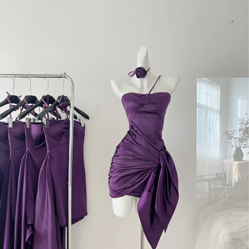 

Женское атласное платье с лямкой на шее, элегантное облегающее платье во французском стиле с цветами розы, фиолетового цвета, изысканное Элегантное платье без бретелек
