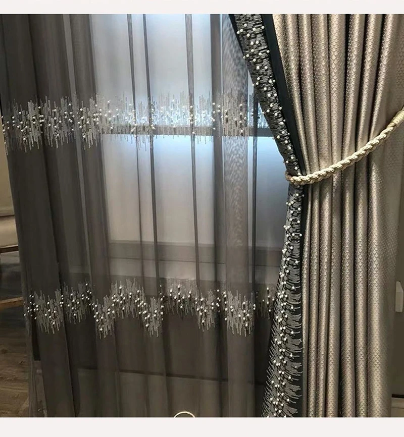French White Pearls Embroidery Sequins Tulle Curtains For Living Room Cotton Linen Blackout Curtains Bedroom Customized Rideaux
