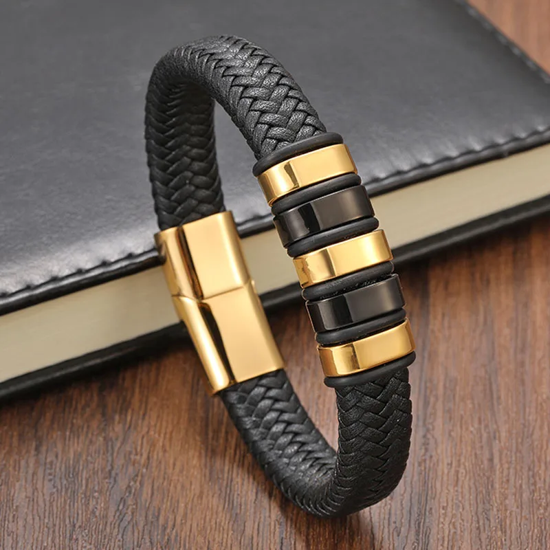 

Punk Black Goldcolour Stainless Steel Magnetic Buckle Design Genuine Leather Bracelet for Men Fashion Bangles Male Gift