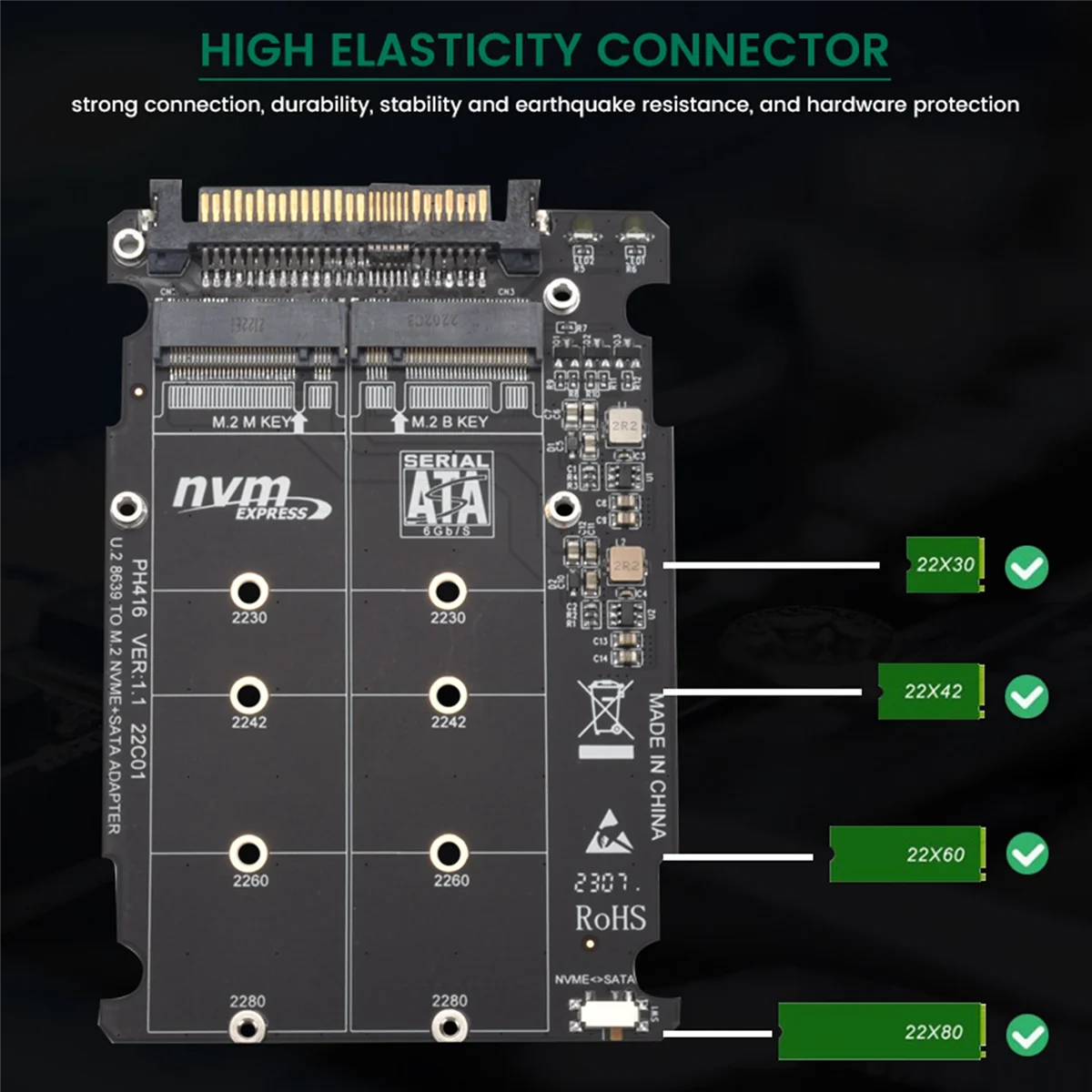 쉘 포함 M.2 SSD-U.2 어댑터, 2 인 1 M.2 NVMe 및 SATA-Bus NGFF SSD-PCI-E U.2 SFF-8639 어댑터, PCIe M2 컨버터