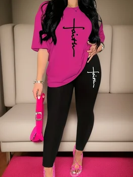 Women's Sports Outfit Set, Plus Size Abstract Figure Print long Sleeve T-shirt Top & Medium Stretch Comfy Pants Fitness Outfit 1