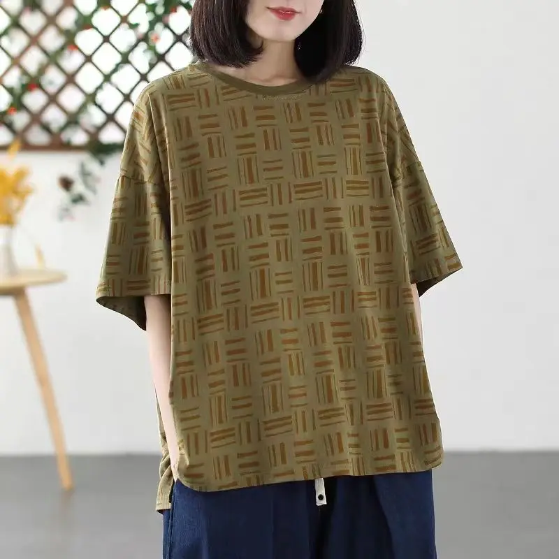 

Simplicity Casual Comfort Summer New Cotton Women's Round Neck Printing Split Fashion Versatile Short Sleeve Loose T-ShirtsTops