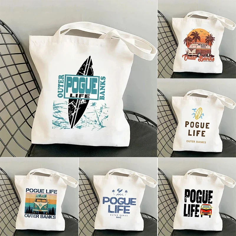 

Harajuku Shopper Bag for Women Eco Large-capacity Female Pogue Life Canvas Shoulder Bag Outer Banks Shopping Bag Graphic Tote
