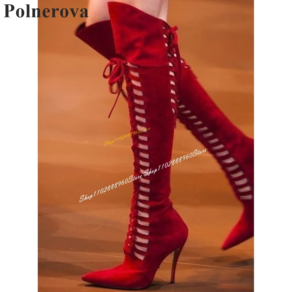 

Beveled Red Flock Cross Tied Hollow Boots Thin High Heel Women Shoes Back Zipper Pointed Toe 2024 Fashion Zapatos Para Mujere