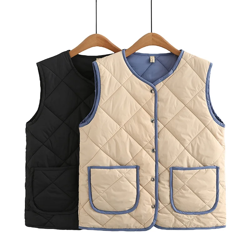 2023 Autumn Winter Women Clothes Plus Size Sleeveless Jacket Casual Curve Block Color O-Neck Double Pocket Warm Quilted Vest