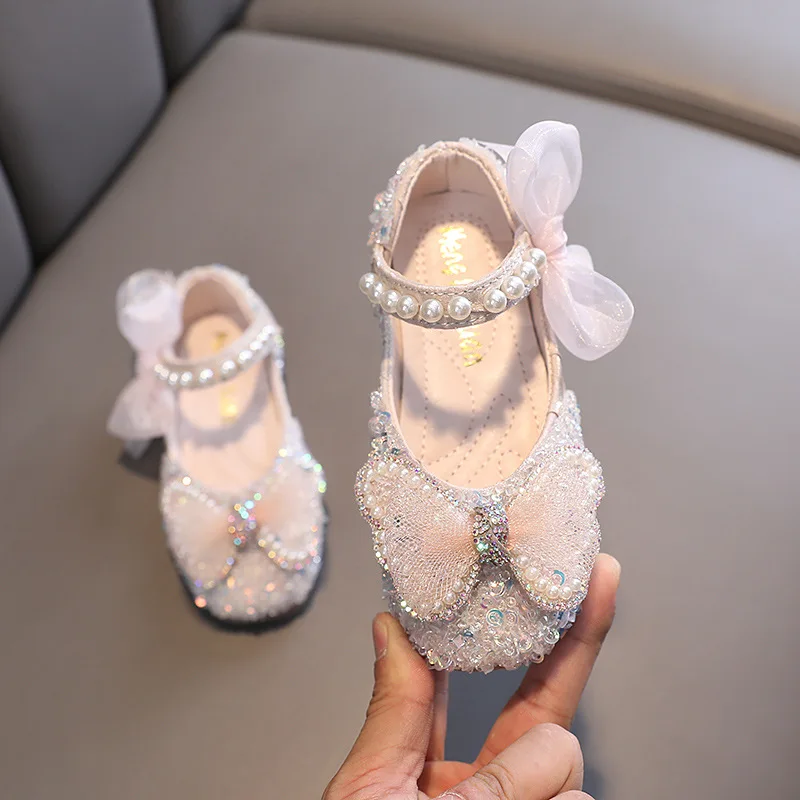 

Spring/Autumn Soft Sole Sequins Dress Dance Girl Princess Leather Shoes Summer Kids Flats Sandals Pearl Bowknot Children Shoes