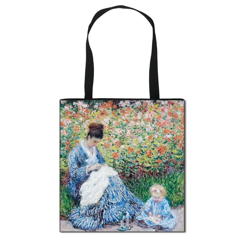 Vintage Painting Water Lily / Lotus Print Totes Bag Monet Women Handbag Ladies Canvas Travel Shoulder Bag Portable Shopping Bags 