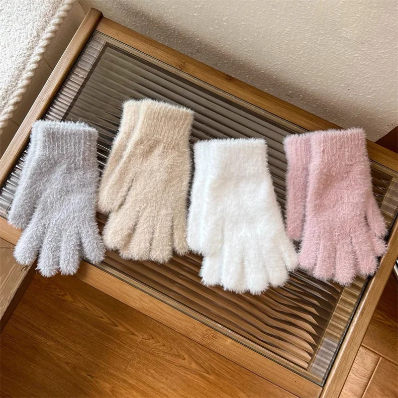Korean Faux Fur Full Finger Gloves Women Winter Cashmere Wool Thick Warm Wrist Plush Gloves Solid Color Mittens