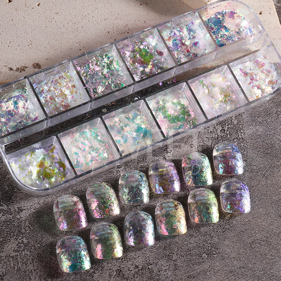12 Grids Holographic Opal Fire Flakes Nail Art Glitter Powder Set