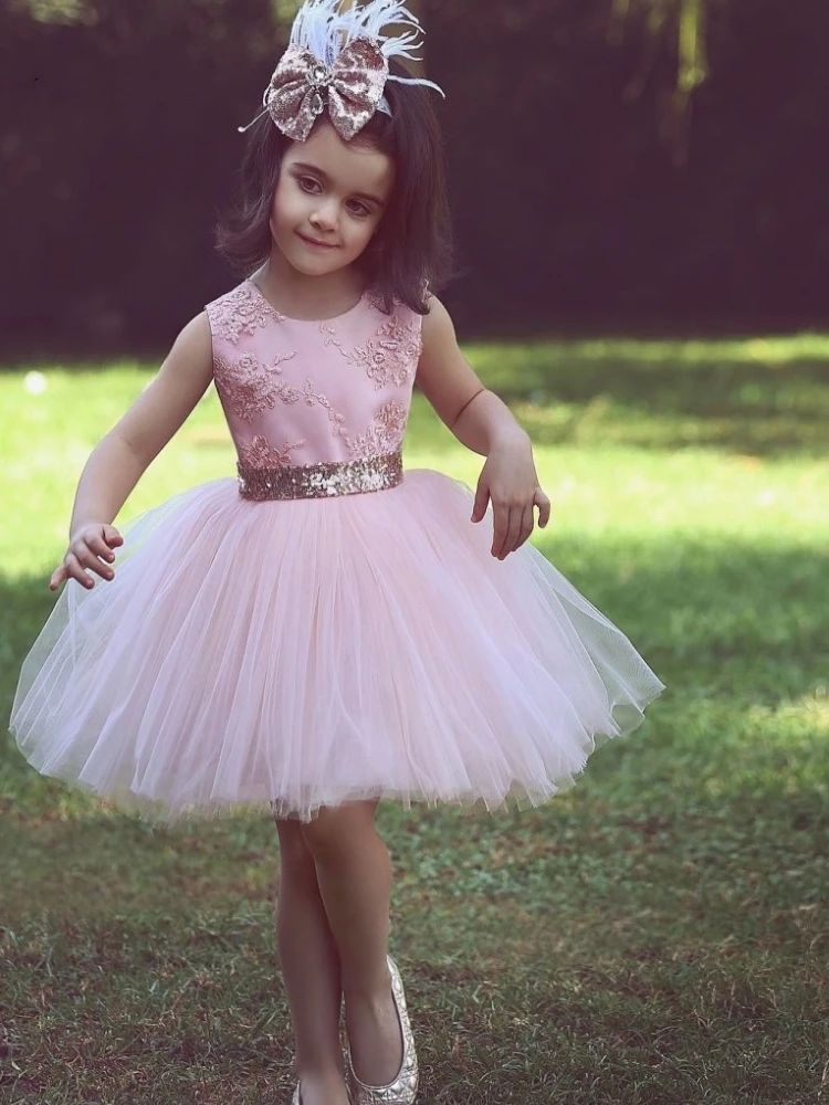 

Pink Flower Girl Dresses Tulle Puffy Patterned Embroidery With Gold Bow Sleeveless For Wedding Birthday First Communion Gowns