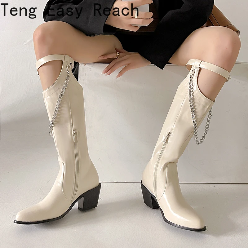 2022 Fashion Knee High Boots New Hollow Punk Style Thick Heel Zipper  Metal Chain Decoration Knee Boots Women's Shoes Size 34-43