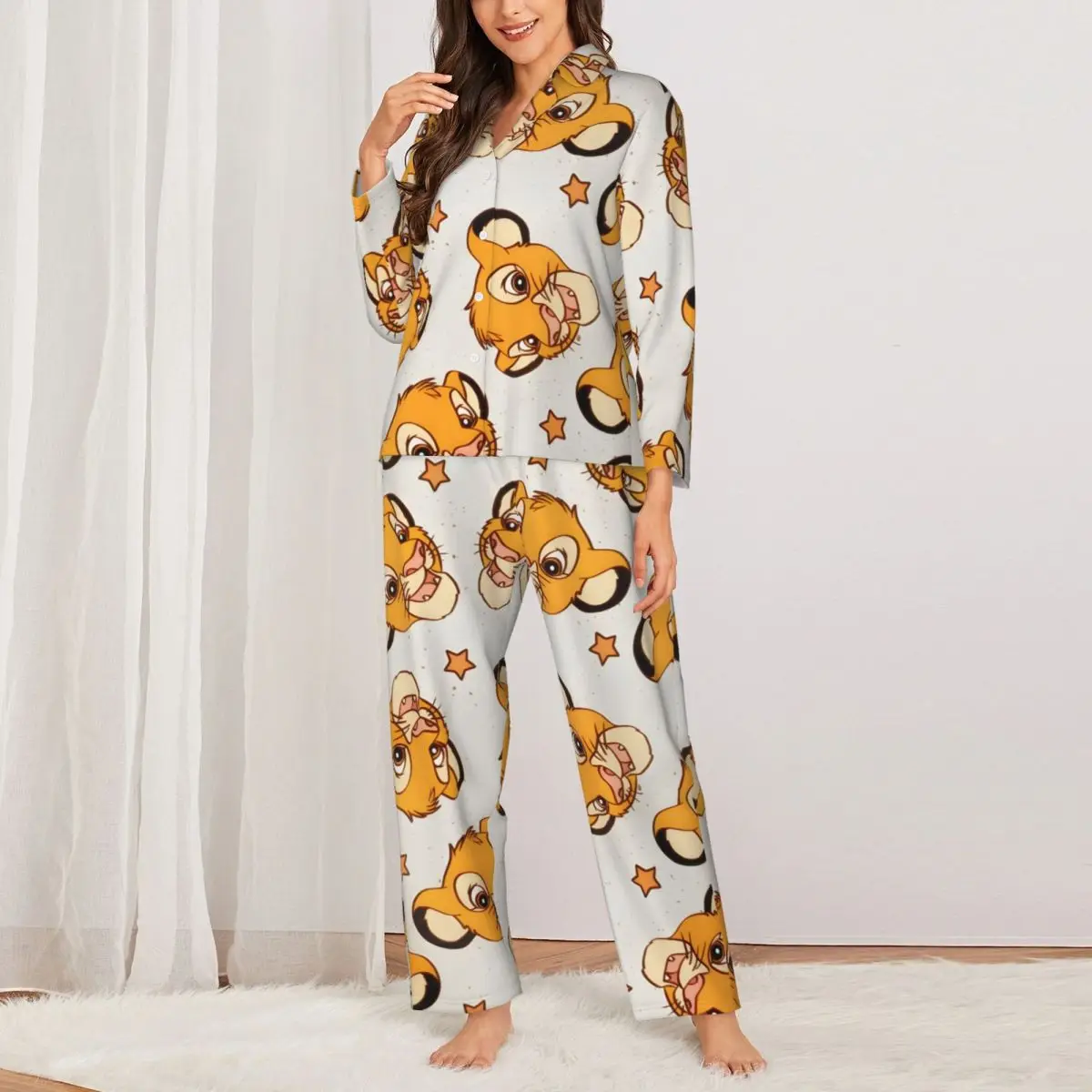 The-Lion-King Women's Pajamas Set Button Down Pajama 2 Piece Suit Pyjama Femme Nightwear Loungewear 3