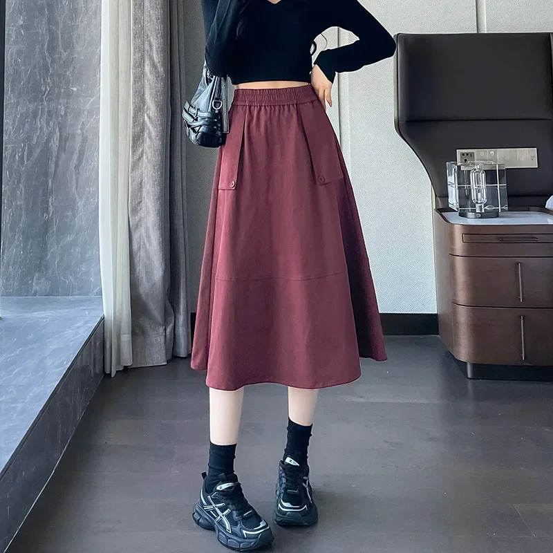 thumbnail image 1 of Vestido largo informal adelgazante de cintura alta, falda en forma de A con doble bolsillo para otoño/invierno, paraguas informal de media longitud a la moda, 1 of 5