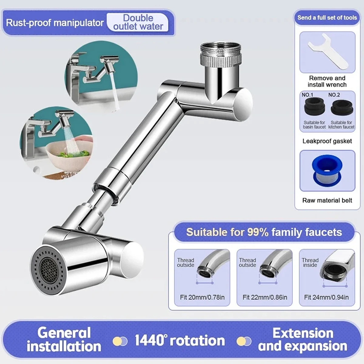 Retractable Universal 1440 °Swivel Robotic Arm Swivel Extension Faucet Aerator Kitchen Sink Faucet Extender 2 Water Flow Mode
