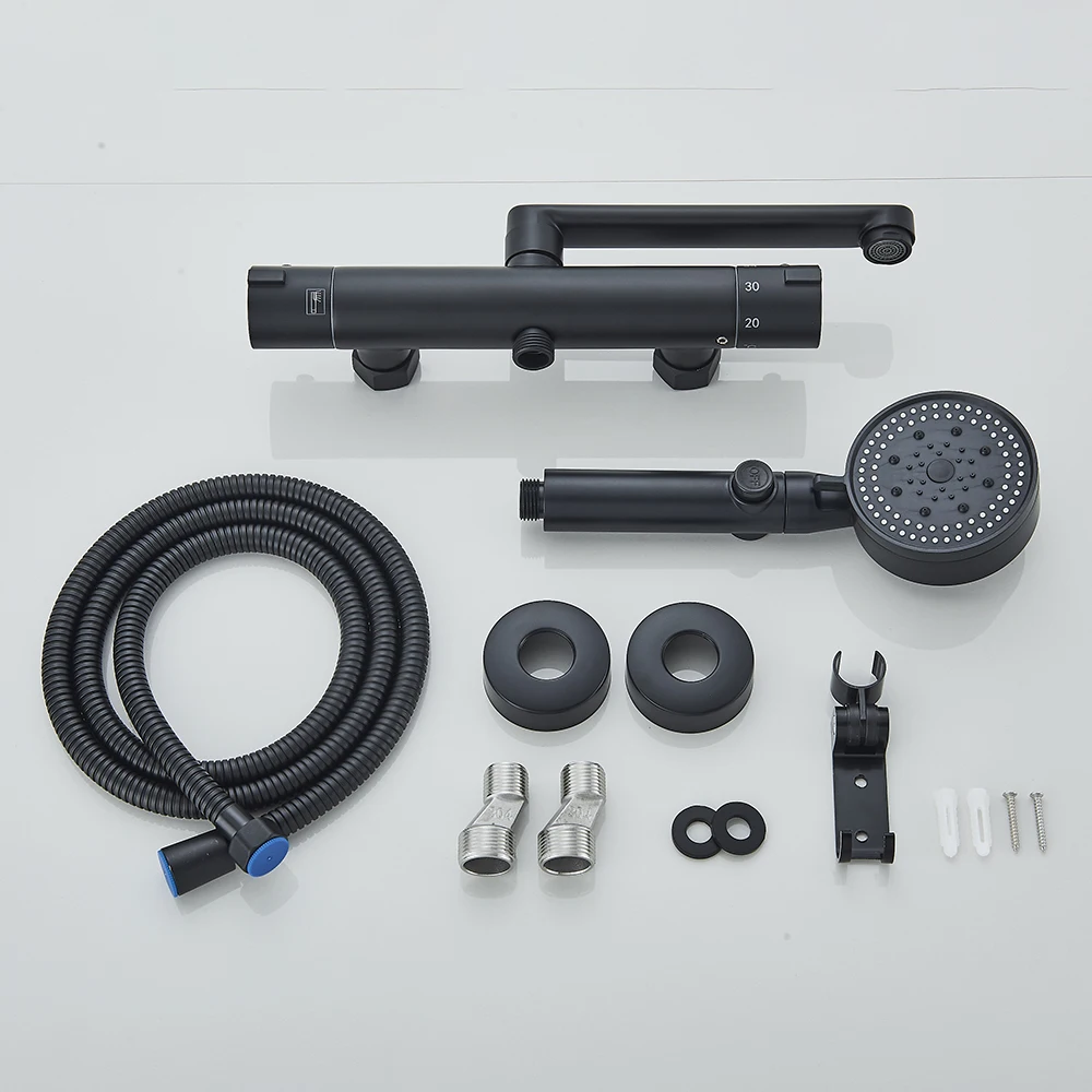 Thermostatic Bathtub Shower Faucet Rotatable Long Spout with Handshower Wall Mount Cold Hot Water Mixer Bathroom Shower System 5