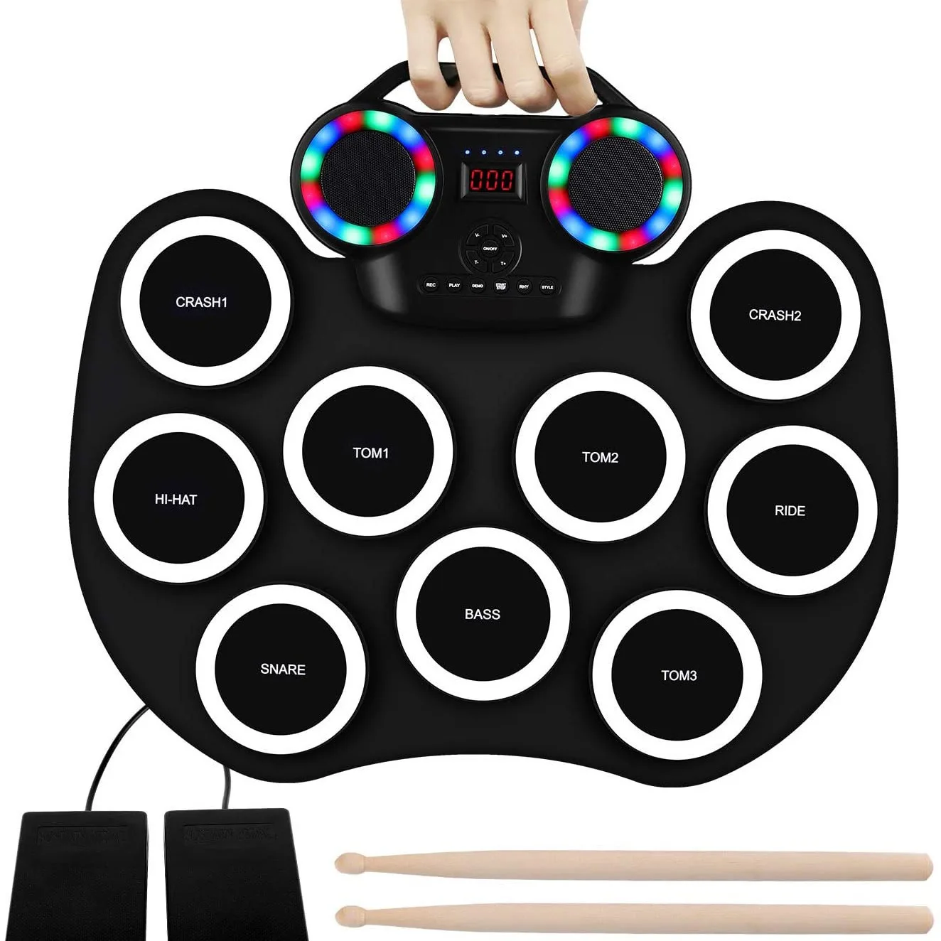 Roll-up Electronic Drum Pad Silicon Digital Drum with Built-in Battery Speakers Foot Pedals Headphone Monitoring Colorful Light