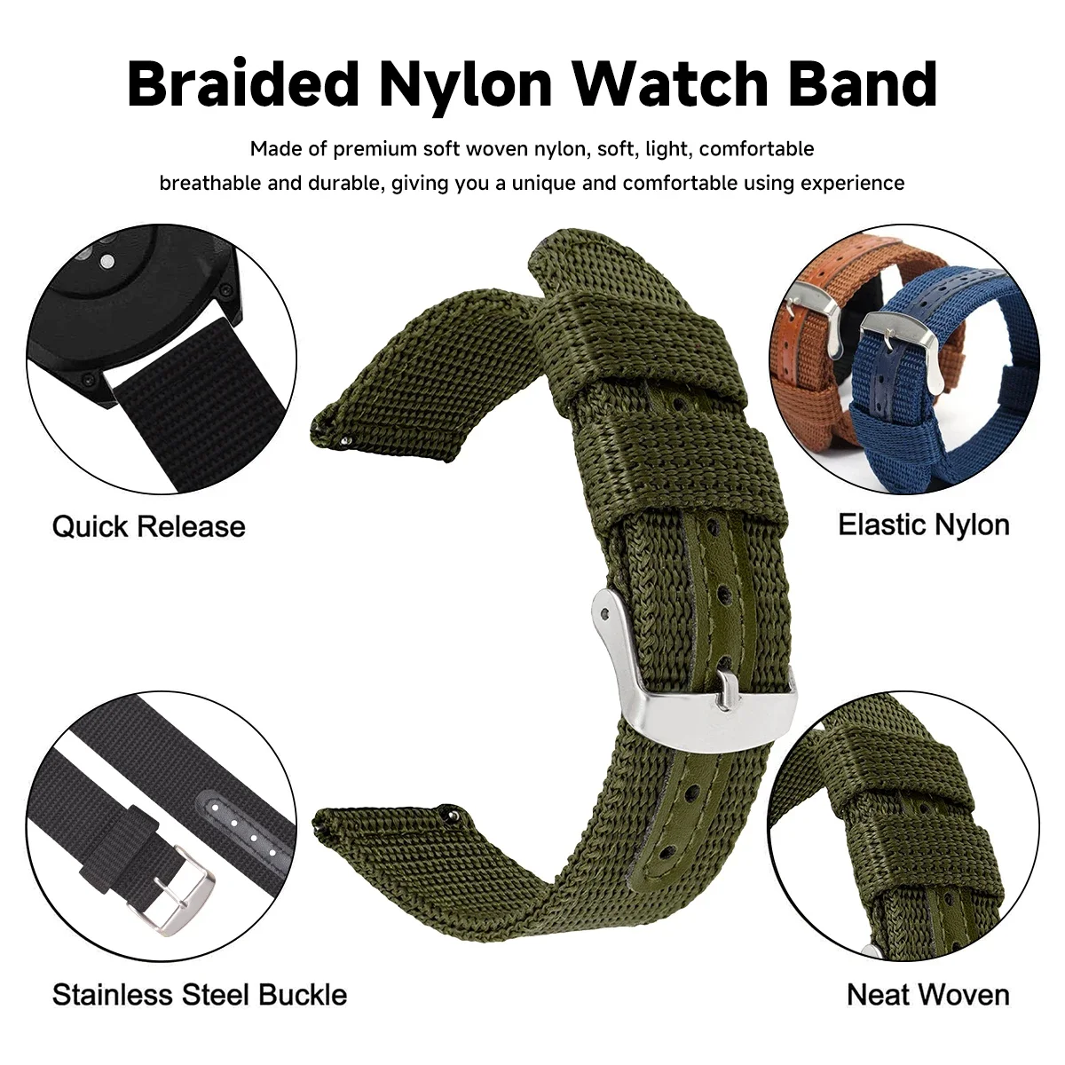 Breathable Canvas Nylon Sport Watch Band - Versatile Sizes 18mm to 24mm