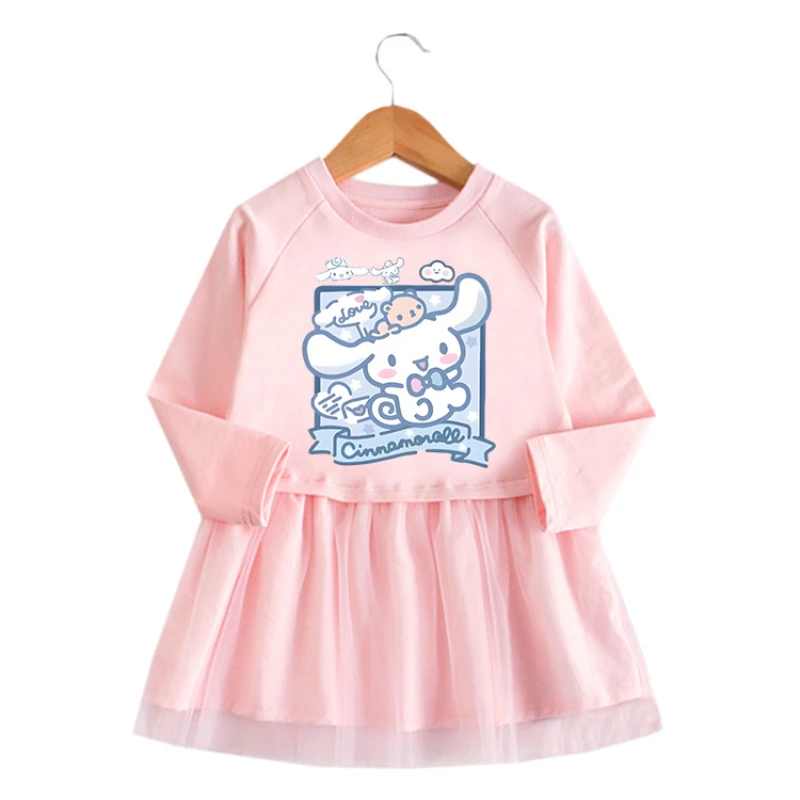 

Sanrio Cinnamon Dog 2023 Korean Spring and Autumn New Girls Dress Cartoon Long Sleeve Mesh Skirt Western Style Princess Skirt