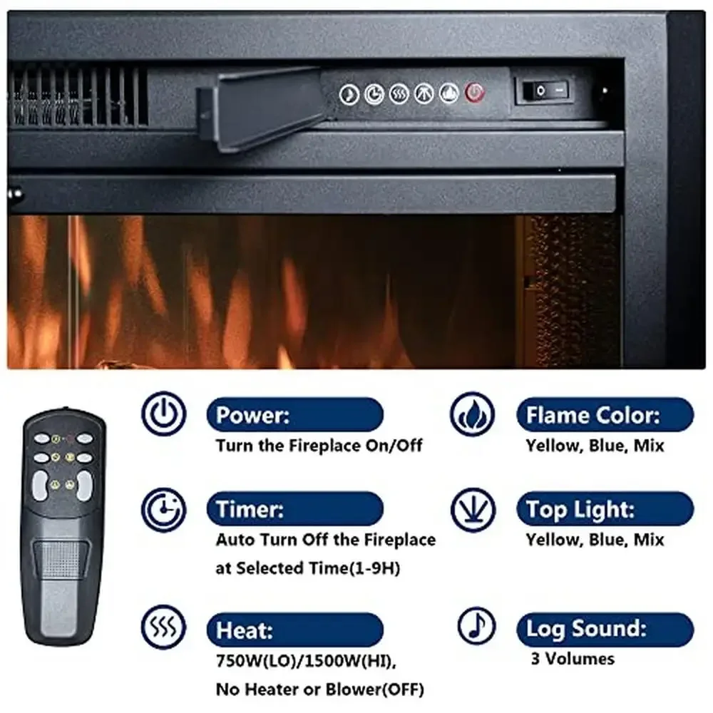 36 Inch Recessed Electric Fireplace Heater with Adjustable Flame and Crackling Sound Attractive Design TV Stands Bookshelves & 3