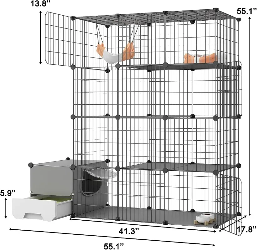 Cat Cage with Litter Box 4-Tier DIY Cat Enclosures Large Playpen Detachable Metal Wire Kennel Indoor Crate Large Exercise Place
