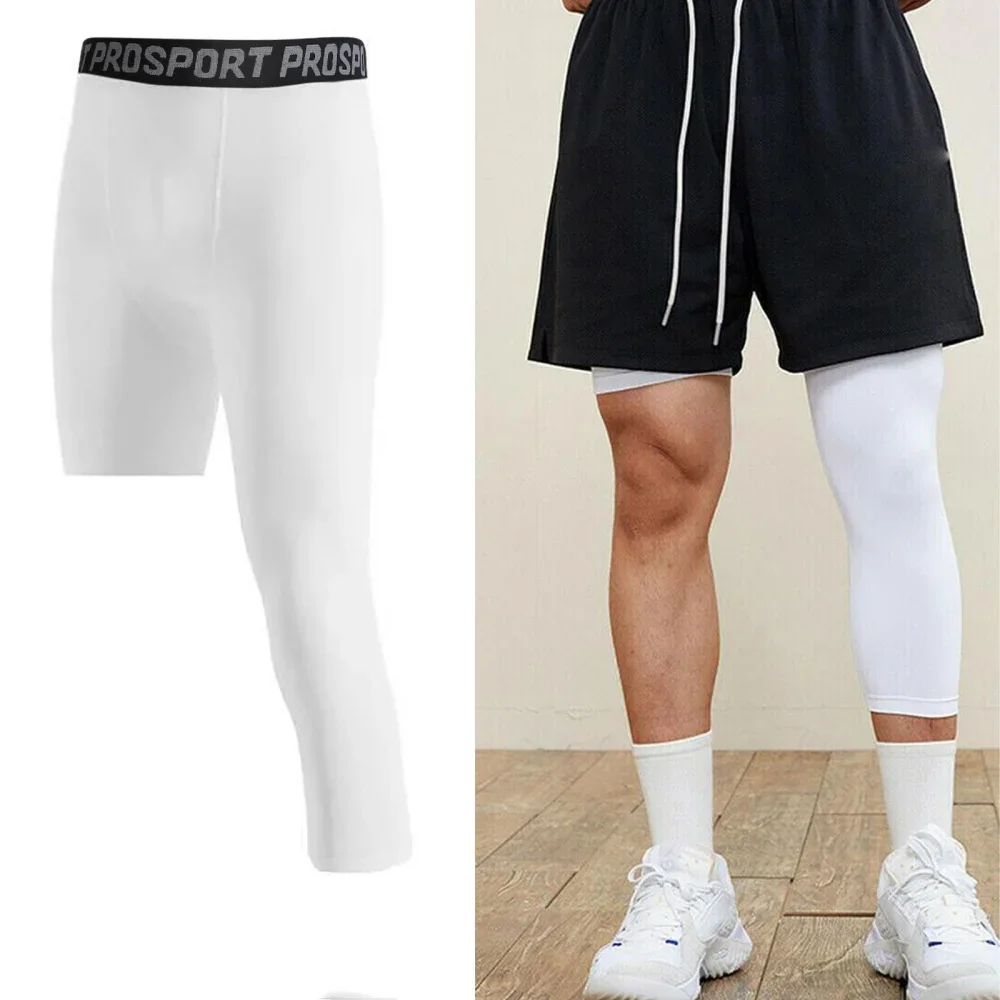 Men Compression Base Layer Running Shorts Fashionable Athletic One Leg 3/4 Cropped Pant Fitness Sport Basketball Tights Shorts