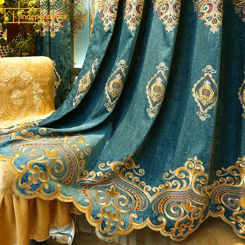 European-style high-end chenille gold  embroidered window screen curtains for living room bedroom finished product