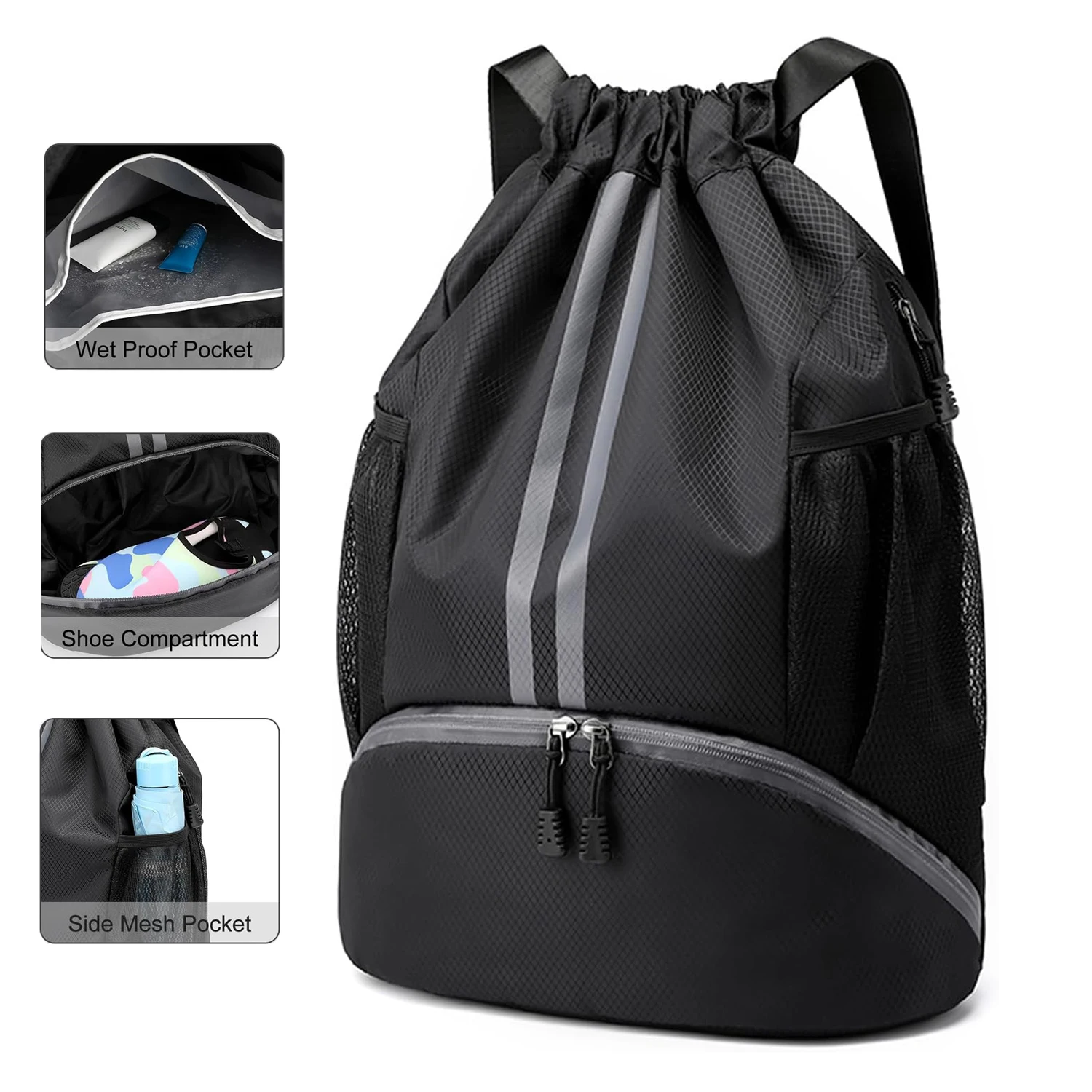 Drawstring Sports Backpack Waterproof Gym Bag with Shoe Compartment Wet Pocket for Men Women Travel Sports Rucksack Sackpack Bag